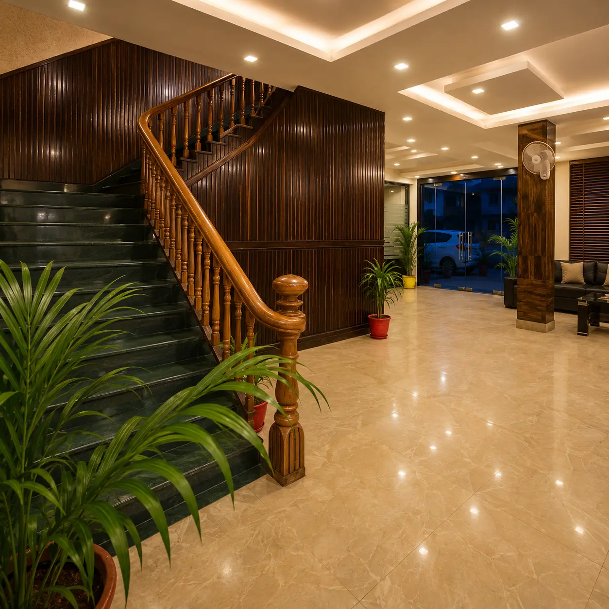Lobby and staircase interiors of Hotel Maharaja Inn